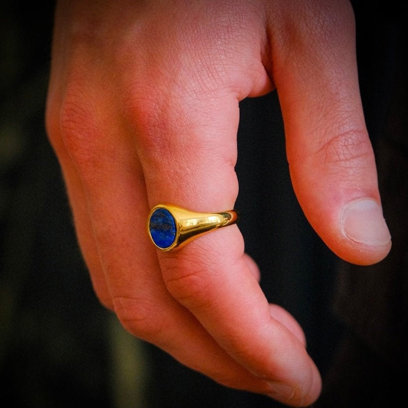 Lapis Lazuli Gold Signet Ring, Gold Rings for Men, 18k Gold Ring Heavy, Mens Pinky Ring, Blue Stone Steel Ring, Rock Blue Ring, Unisex Rings 