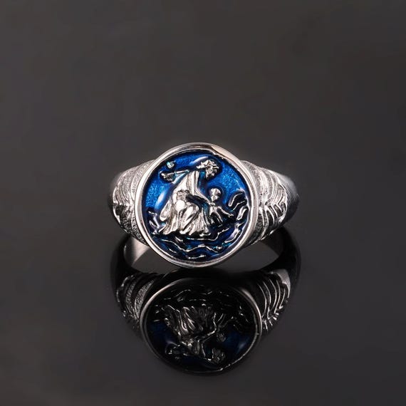 Silver Signet Ring - St Christopher Blue Enamel Ring for Men