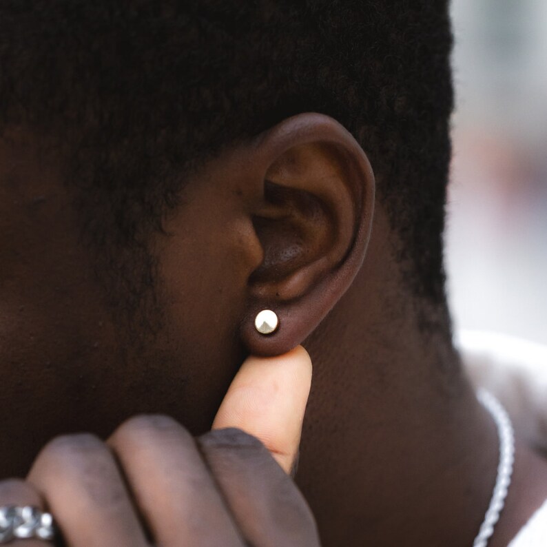 May include: A close-up of a person's ear with a small, round, gold earring.