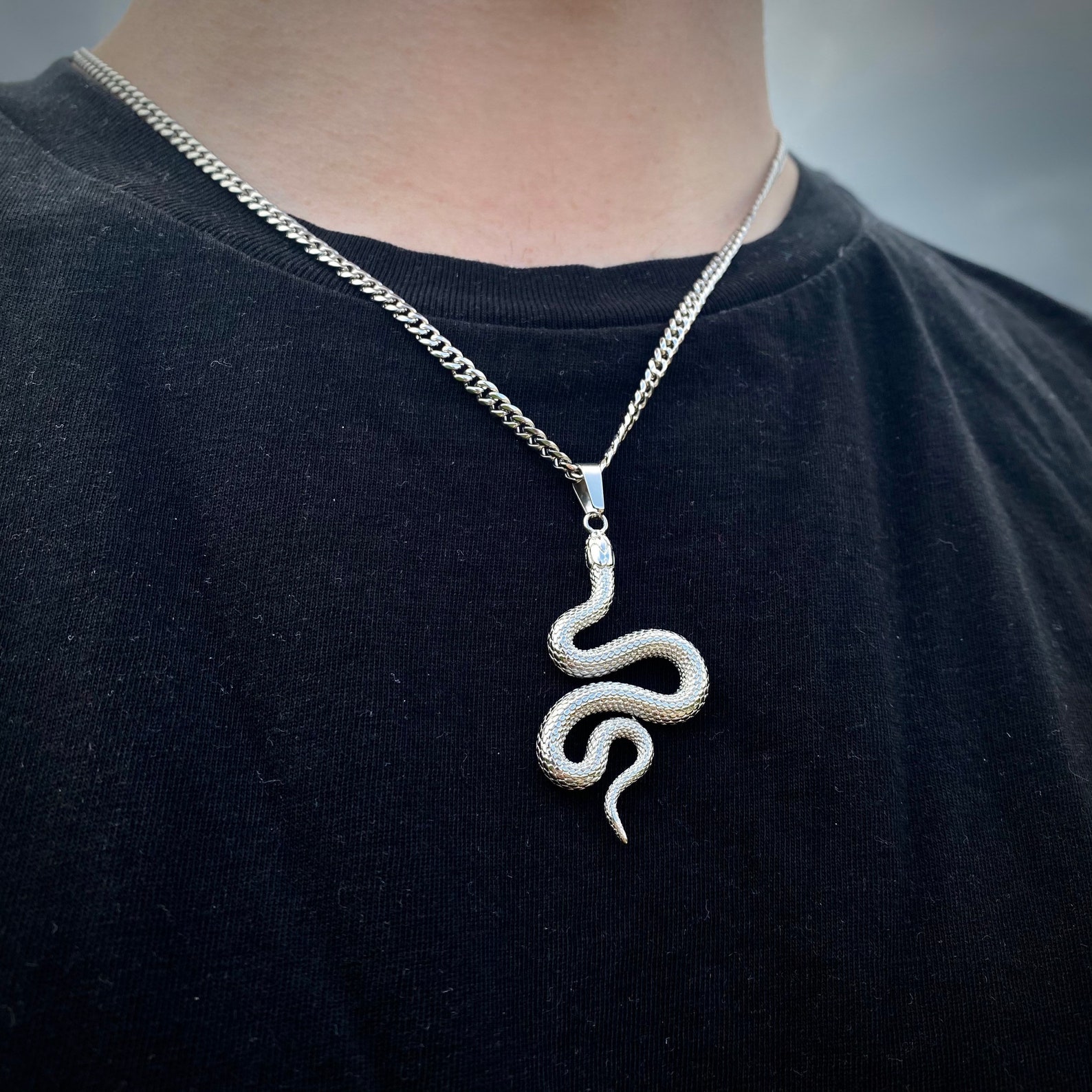 Mens Necklace Silver Snake Pendant Necklace Stainless Steel Etsy