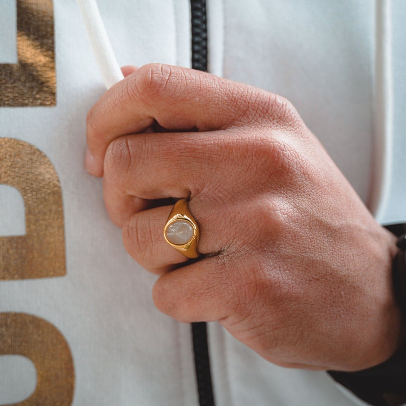 Mens Ring Gold Band Ring Mens Signet Stainless Steel Rings for Mens Jewelry Gift for Him Pinky Ring Black Onyx Gemstone Signet Ring Men Rose Quartz Ring