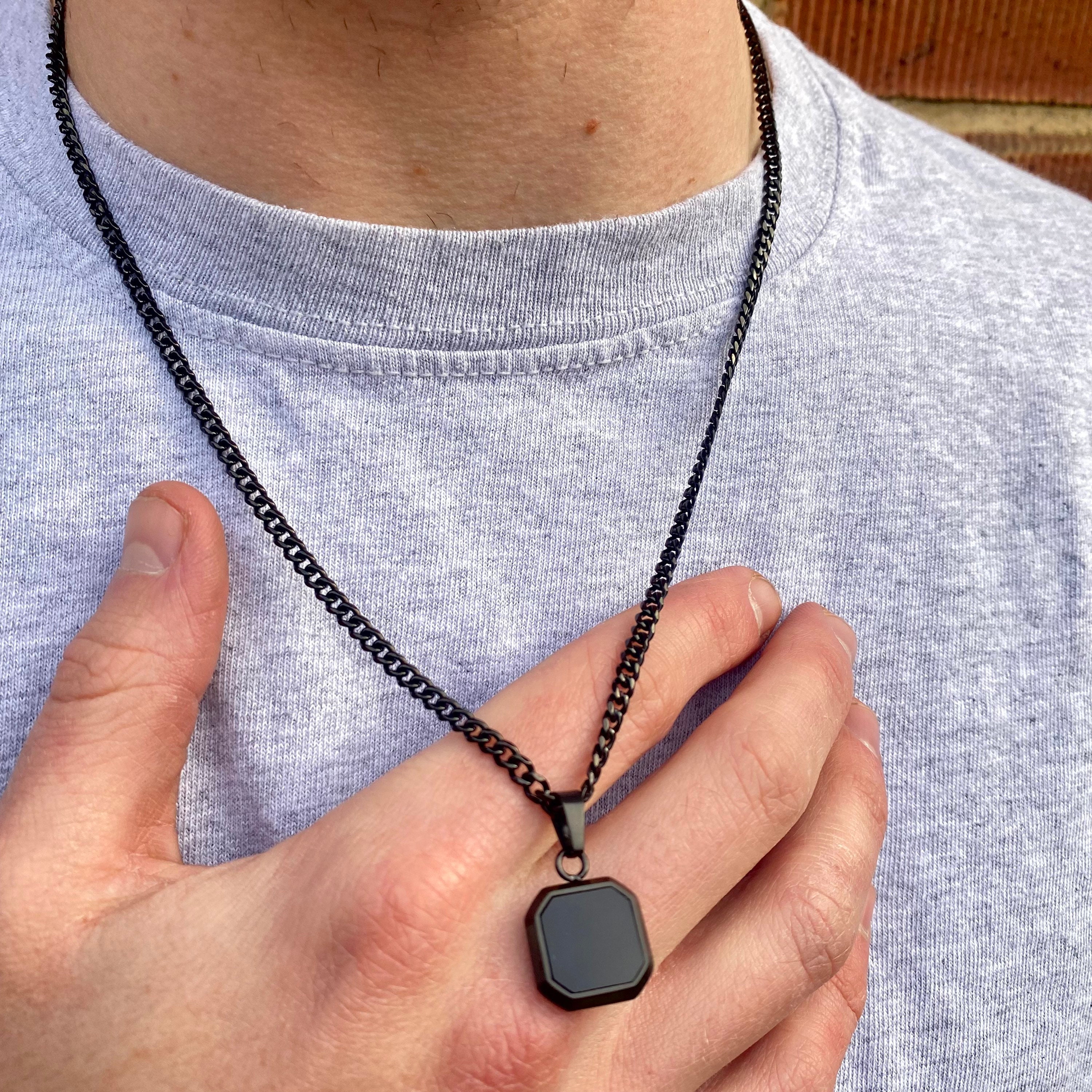 Mens Necklace, Black Onyx Stone Pendant Necklace for Men, Black