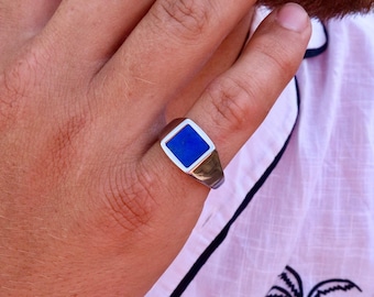 Silver Pinky Ring - Lapis Lazuli Signet Ring for Men - Mens Pinky