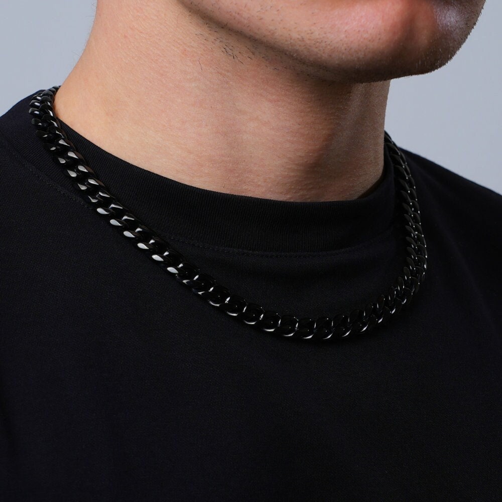 り*う様 ブラックフライデー価格！10K キューバンチェーン トップセット 10mm ブラックチェーンネックレス、メンズ シック ブラック キューバン
