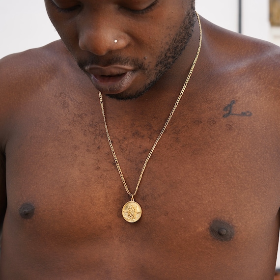 Mens Necklace St Christopher Necklace Mens Gold Chain Pendant