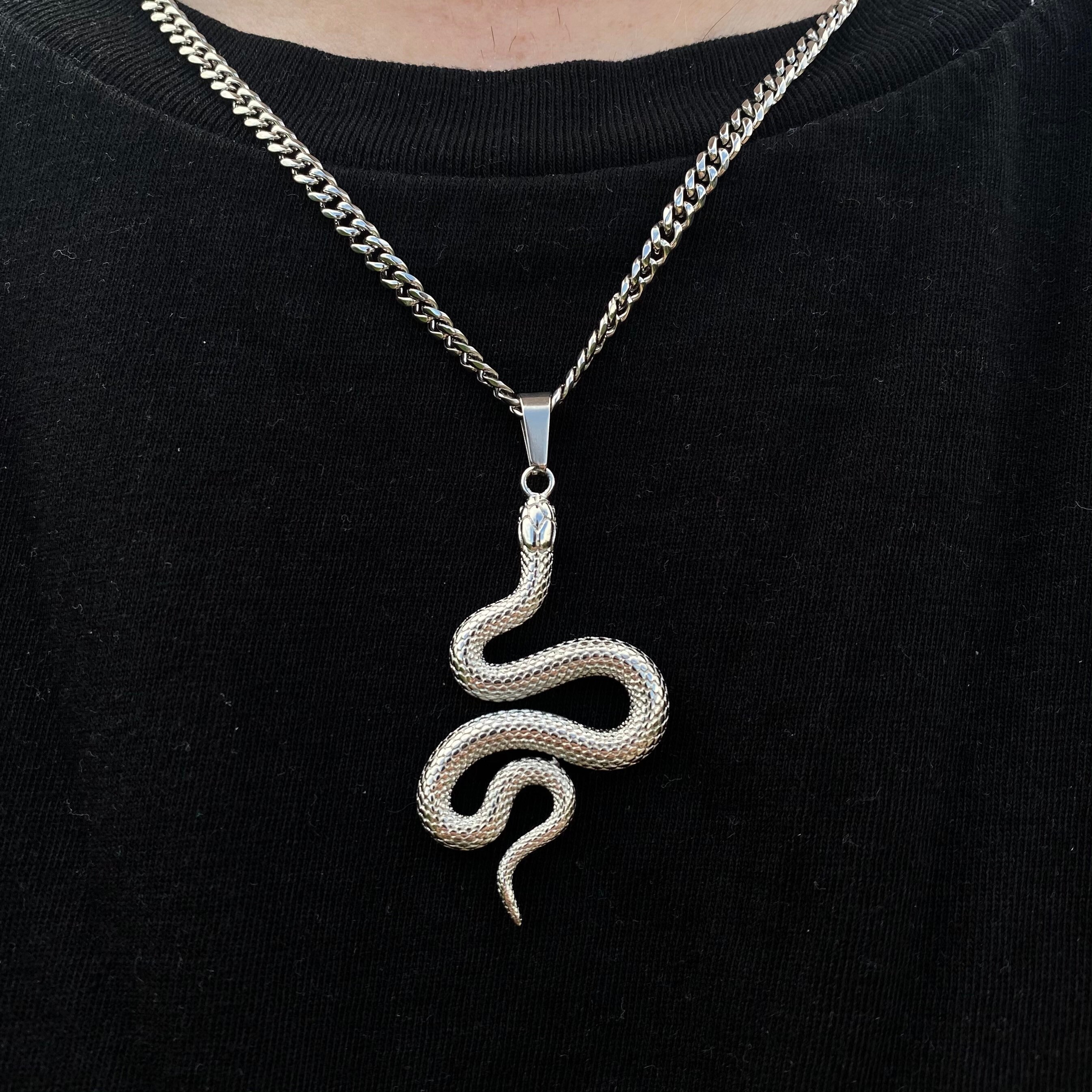 Mens Necklace, Silver Snake Pendant Necklace Stainless Steel