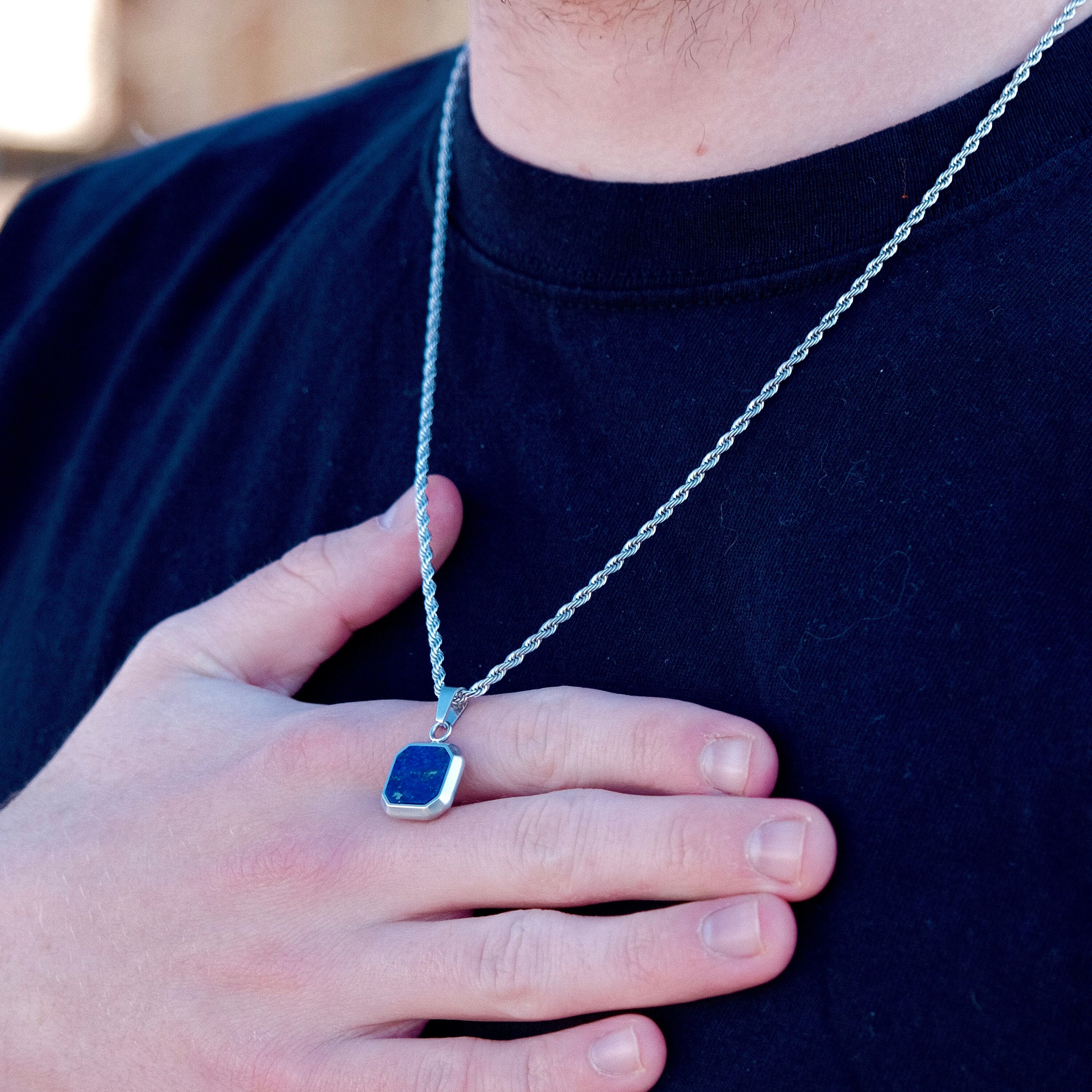 Silver Necklace Lapis Lazuli Stone Pendant Mens Necklace Royal