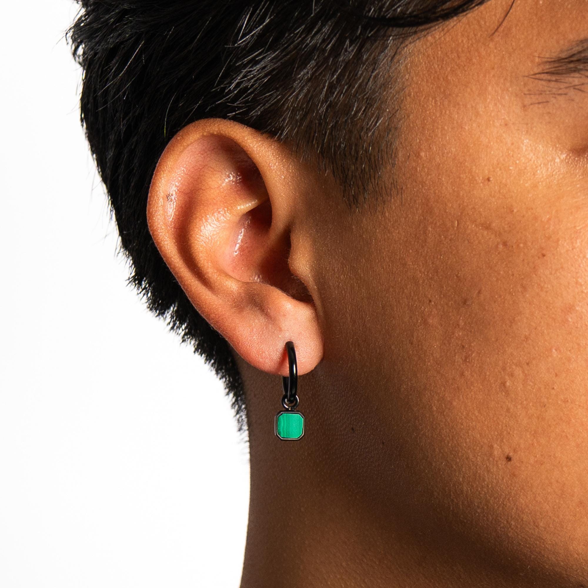 18K Gold Malachite Gem Earring - Mens Earring - Green Stone Drop