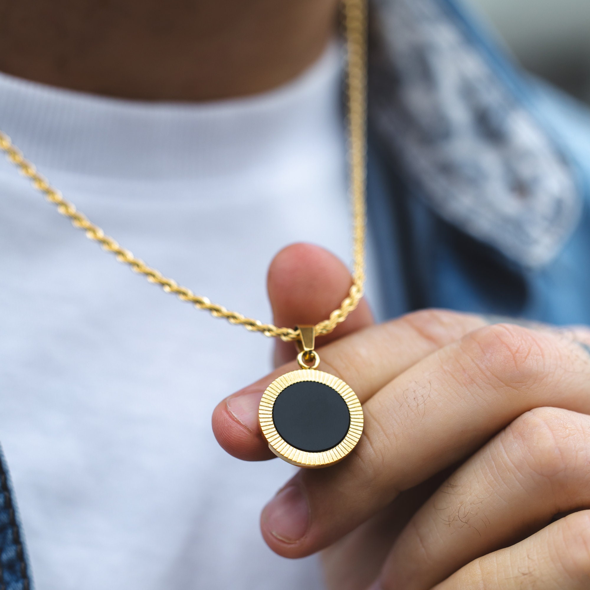 Mens Necklace - 18K Gold Onyx Pendant Necklace for Men - Onyx Gold
