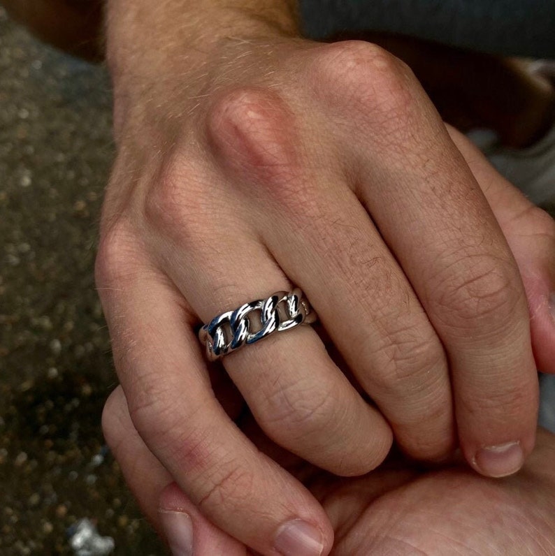 Mens Ring Silver Steel Chain Band Pinky Rings for Men Mens Jewelry, Streetwear Jewellery Man Ring Gifts For Him By Twistedpendant image 6