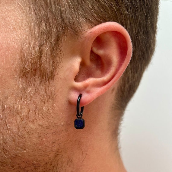 Mens Earrings Black Hoop Dangle Earrings With Blue Lapis Lazuli Gemstone Mens Silver Dangle Earring Dangle Earrings for Men Jewelry Etsy