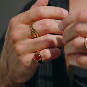 Mens Ring - Red Agate Gemstone Signet Ring For Men - Mens Gold Ring - 18K Gold Plated Oval Signet Ring - Mens Pinky Ring - By Twistedpendant