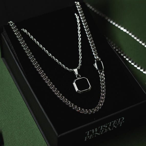 Silver Chain With Onyx Pendant Necklace For Men - Mens Necklace - Silver Layered Necklace With Black Onyx Charm - Man Silver Jewelry Gifts