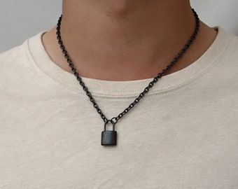 Black Padlock Necklace - Mens Black Lock Necklace - Mens Jewelry - Necklace For Men - Necklace Lock & Chain - By Twistedpendant
