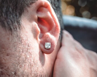 Princess Cut Diamond Stud Mens Earrings 925 Silver, Mens Earrings