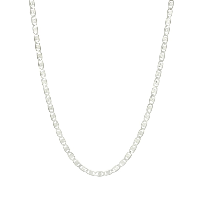 May include: A silver chain necklace with a mariner link design.