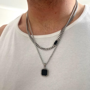 Mens Necklace - Black & Silver Pendant Necklace For Men - Black Onyx Necklace - Silver Onyx Necklace - Mens Jewelry - Gemstone Necklaces