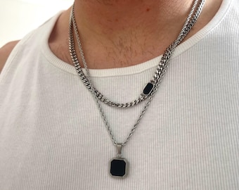 Mens Necklace - Black & Silver Pendant Necklace For Men - Black Onyx Necklace - Silver Onyx Necklace - Mens Jewelry - Gemstone Necklaces