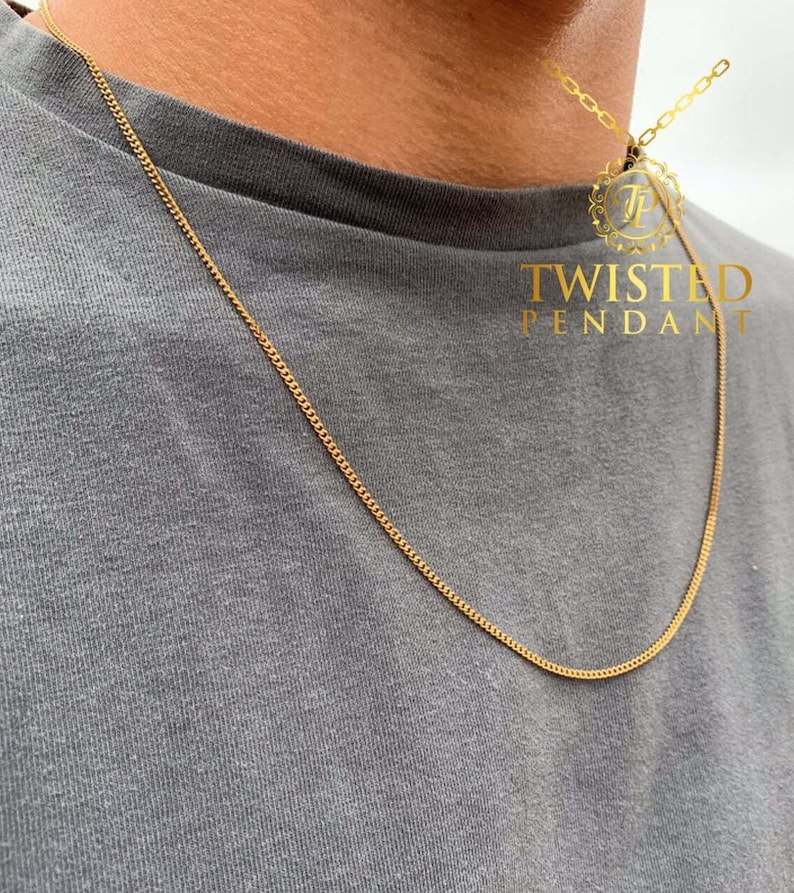 Gold Thin Mens Chain Curb Necklace Stainless Steel 18 Etsy