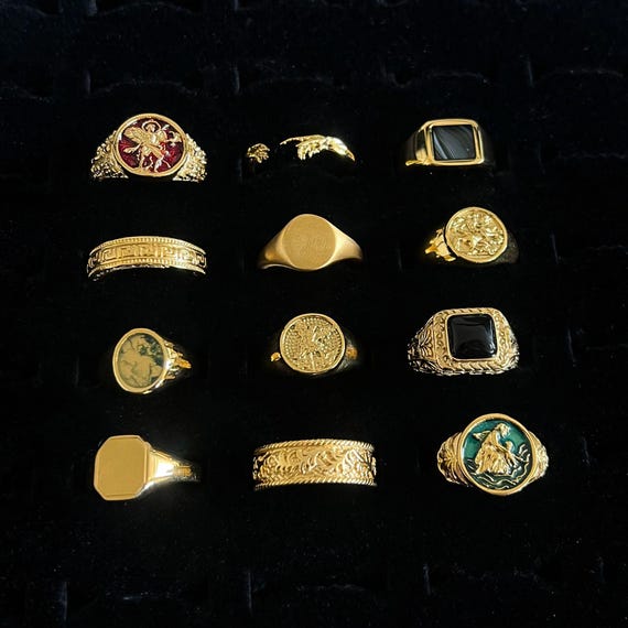 Mens Gold Signet Rings - 18K Gold Pinky Rings - Mens Jewelry - Moss / Onyx Gemstone Ring - Saint Michael / St Christopher Ring - Steel Ring