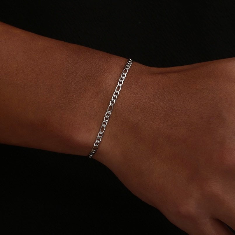 Mens Gold Bracelet Chain, 3mm 18K Gold Figaro Link Bracelets Men