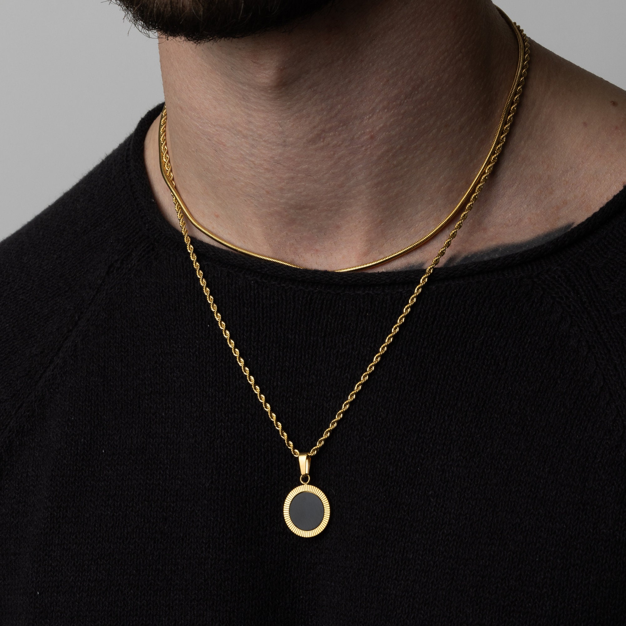 18K Gold Onyx Pendant Necklace - Onyx Circle Necklace for Men