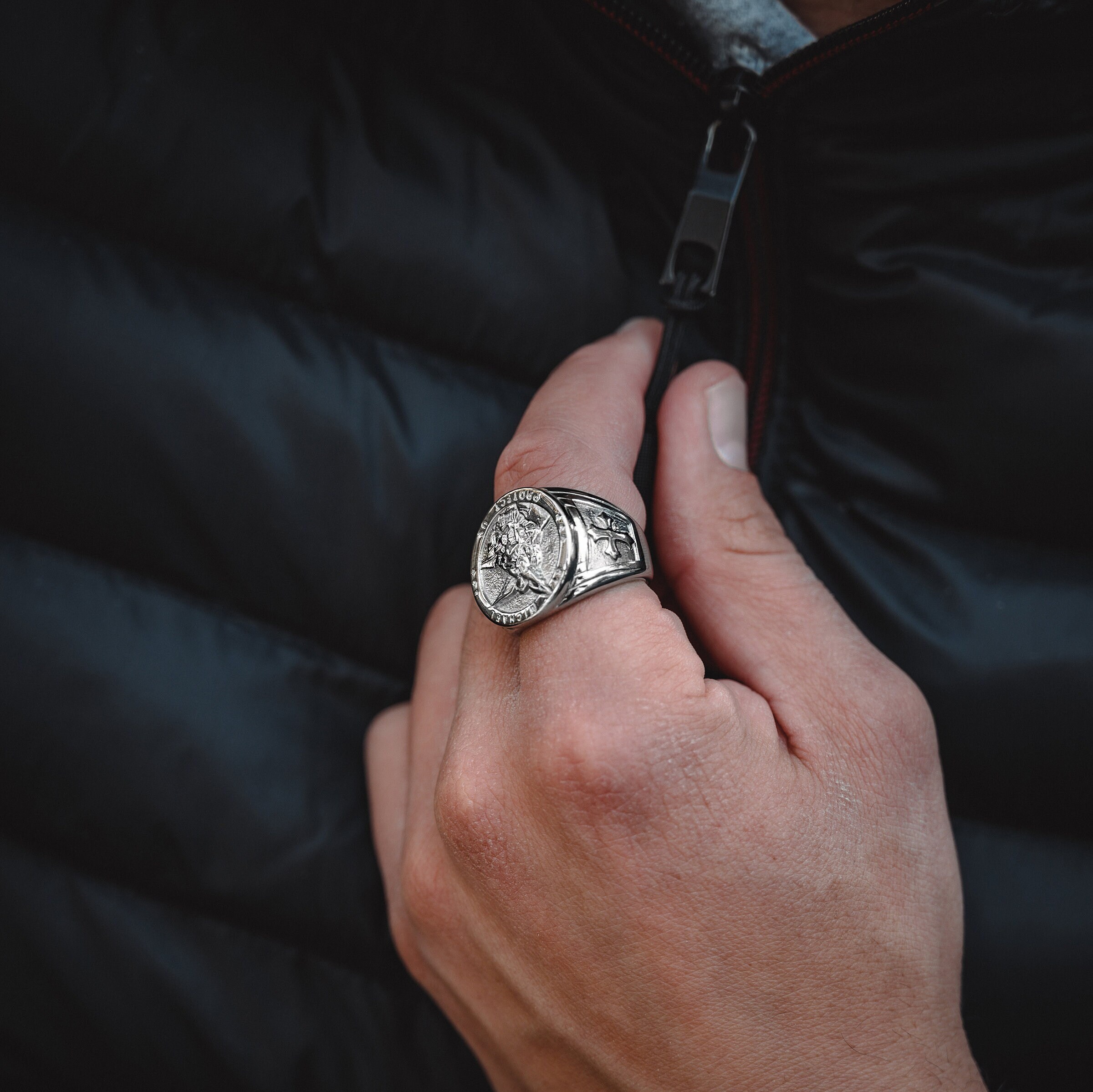 Mens Ring - Silver St Michael Ring - Signet Rings for Men