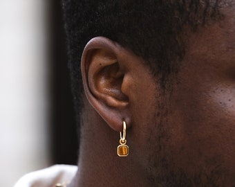 Pendientes colgantes para hombre - Pendientes colgantes de ojo de tigre para hombre - Pendiente de aro de oro de 18 quilates- Pendientes minimalistas para hombre - Joyería para hombre por Twistedpendant