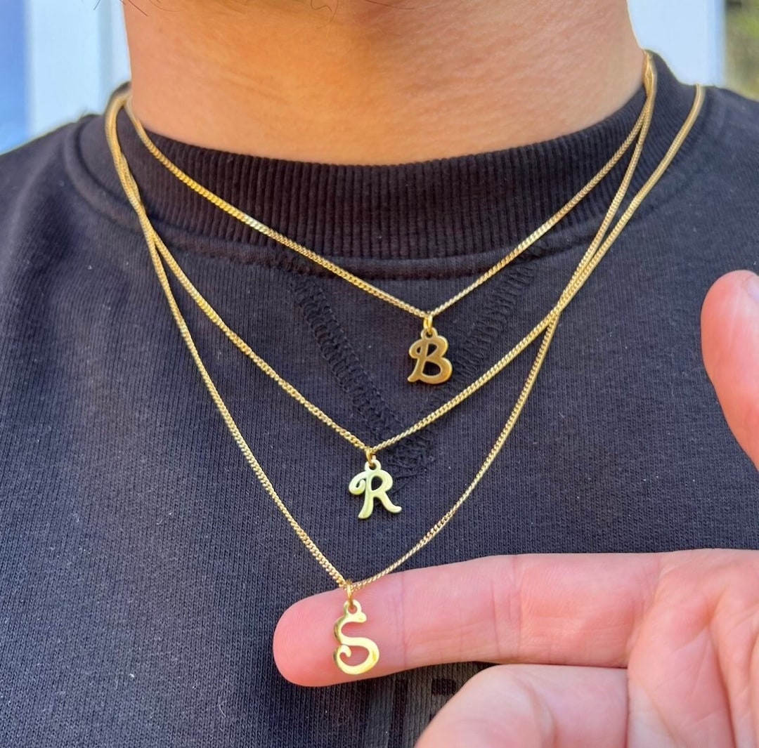 Gold Initial Necklace Mens Gold Chain With Initial Mens Etsy