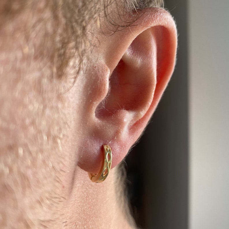 Mens Hoop Earrings Mens Patterned Gold Hoops, 12mm Mens Silver Huggie Earrings, Mens Earrings Gold Earrings Men By Twistedpendant image 1
