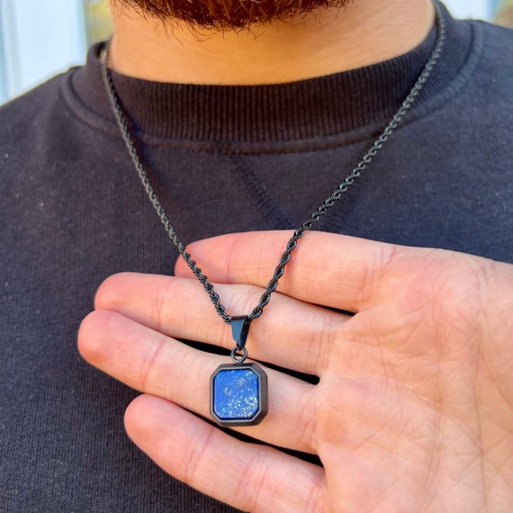 Mens Necklace Blue Lapis Lazuli Necklace for Men Mens Black