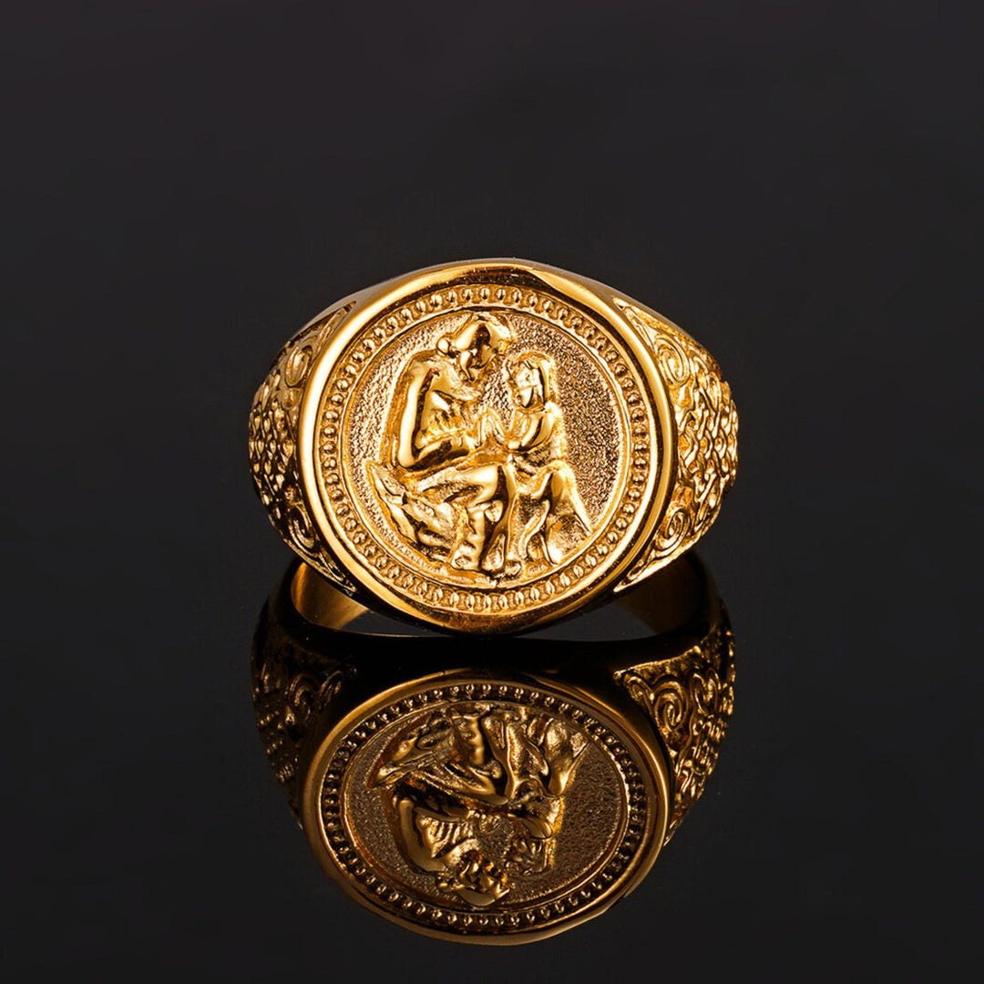 Mens Ring - Mens Gold Saint Christopher Signet Ring - 18K