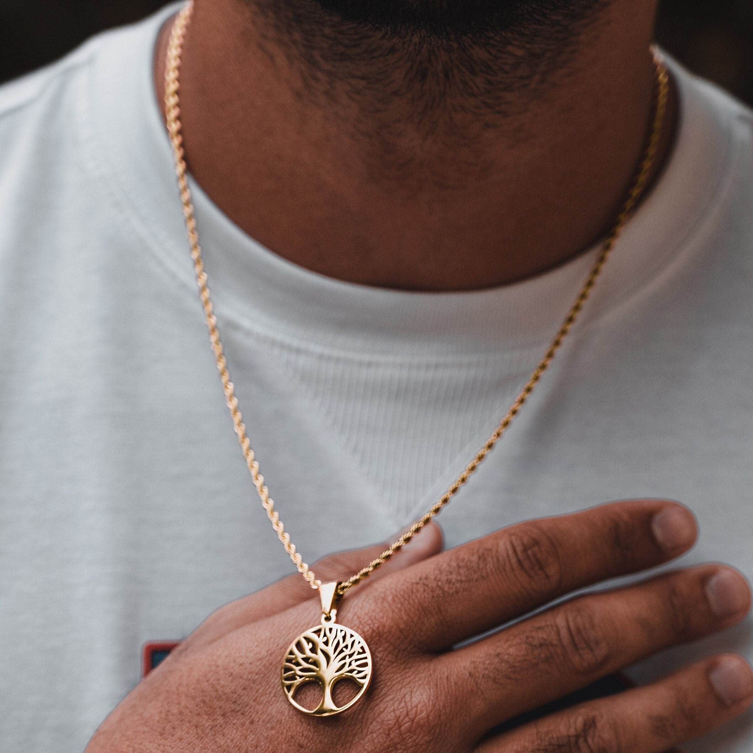 Collana Uomo In Acciaio Inox Oro, Ciondolo Albero Della Vita Con Zirconi Tondi, Catena Robusta E Brillante