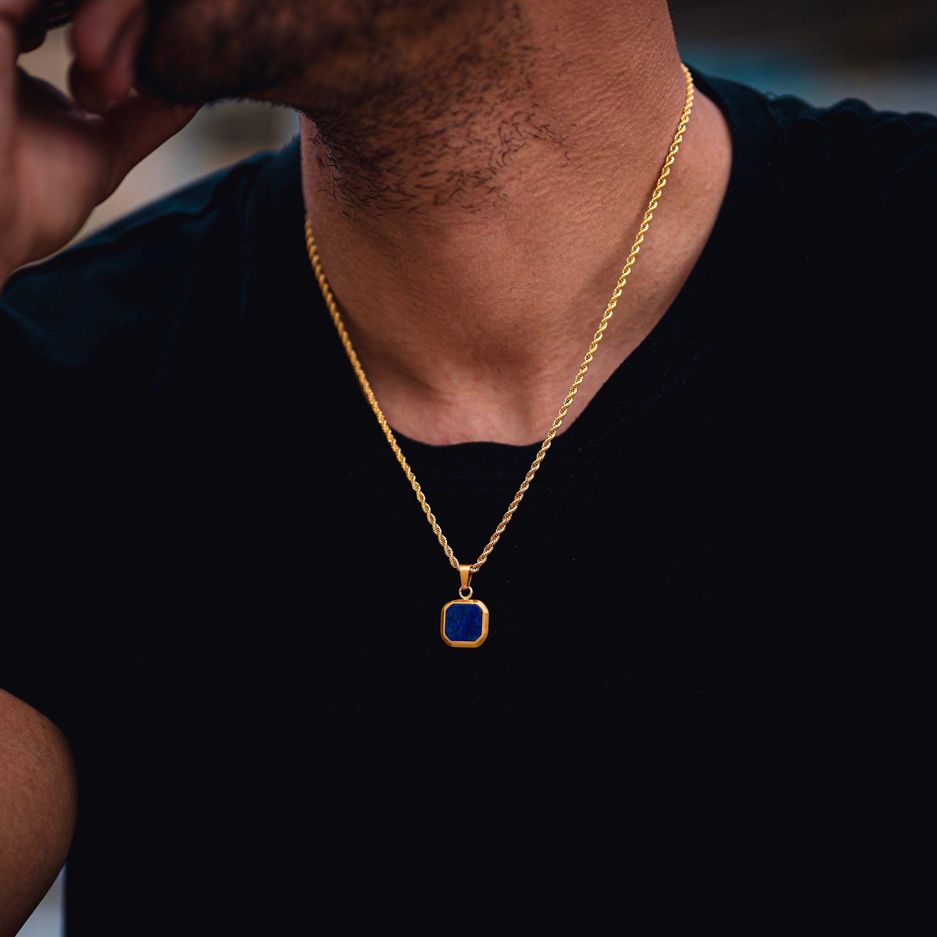 18K Gold Necklace Lapis Lazuli Stone Pendant Mens Necklace Royal