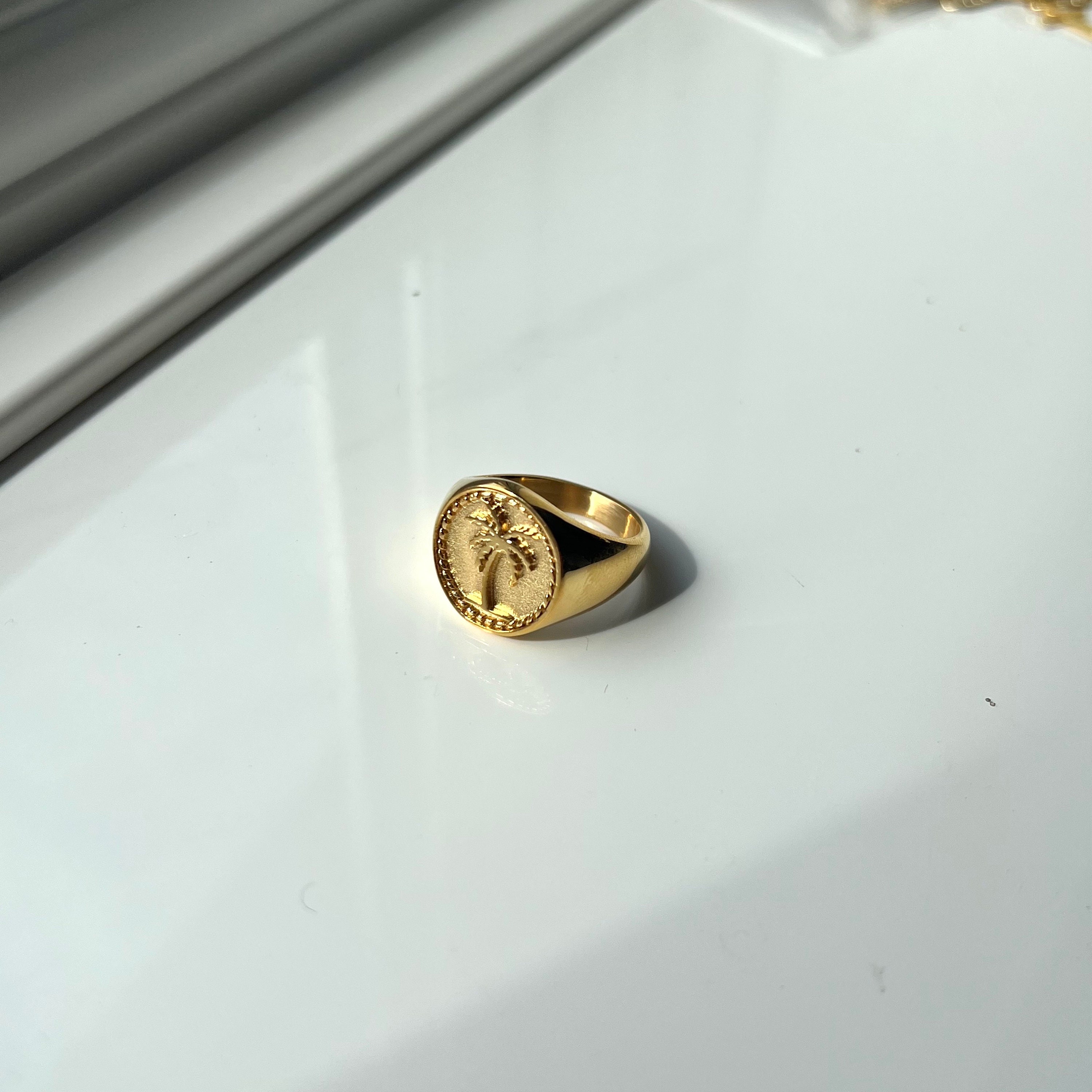 Chunky Gold Palm Tree Signet Ring for Men - Mens Ring - Sovereign
