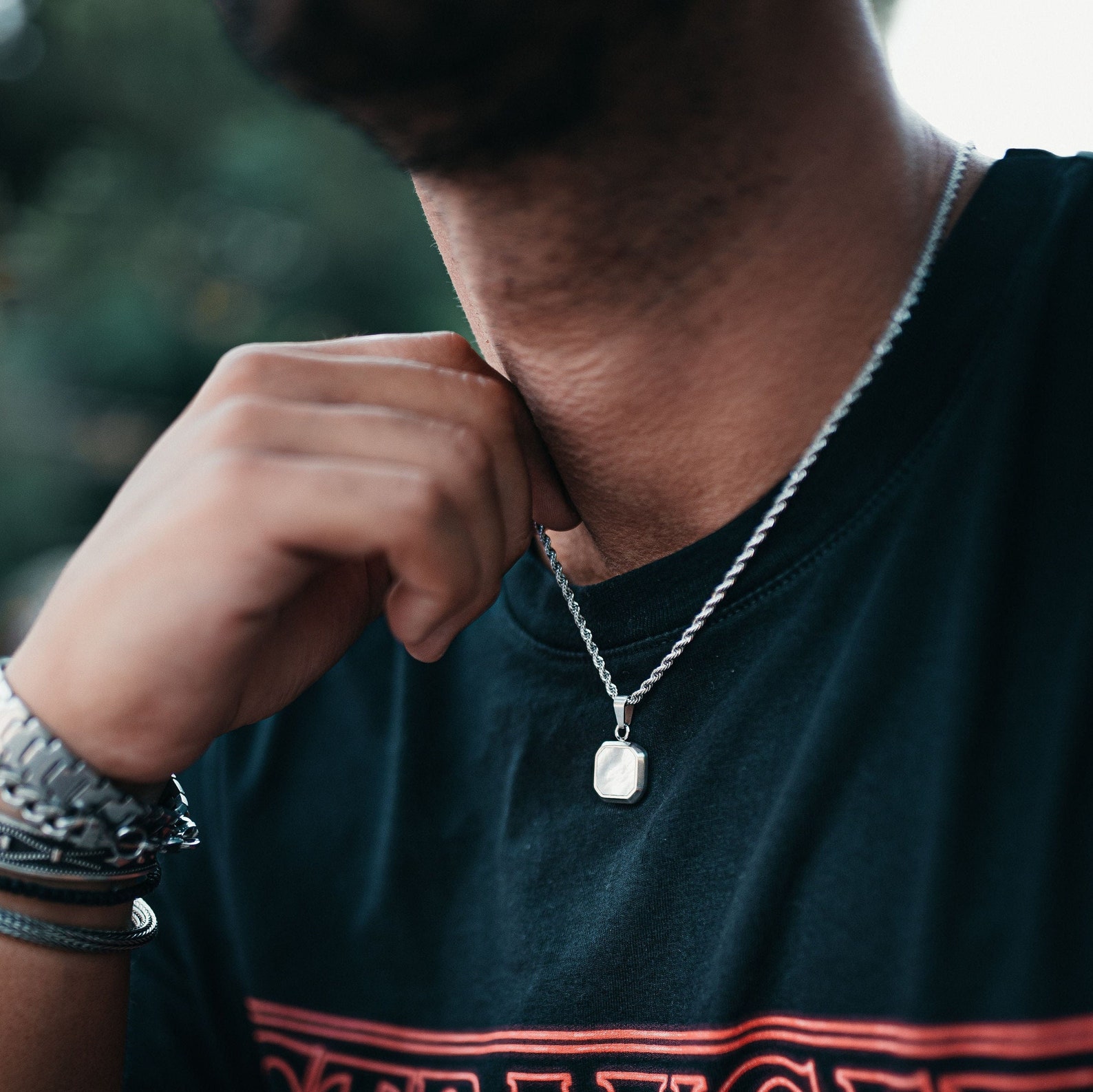 Mens Necklace Pendant Mens Silver Pendant White Shell Etsy