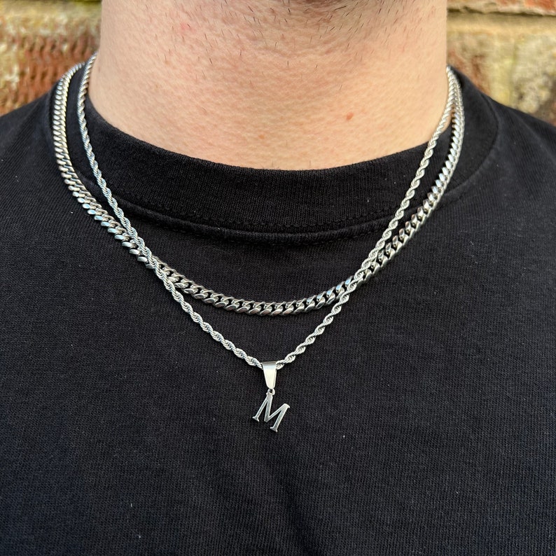 Silver Initial Necklace Mens Rope Chain Necklace With Etsy
