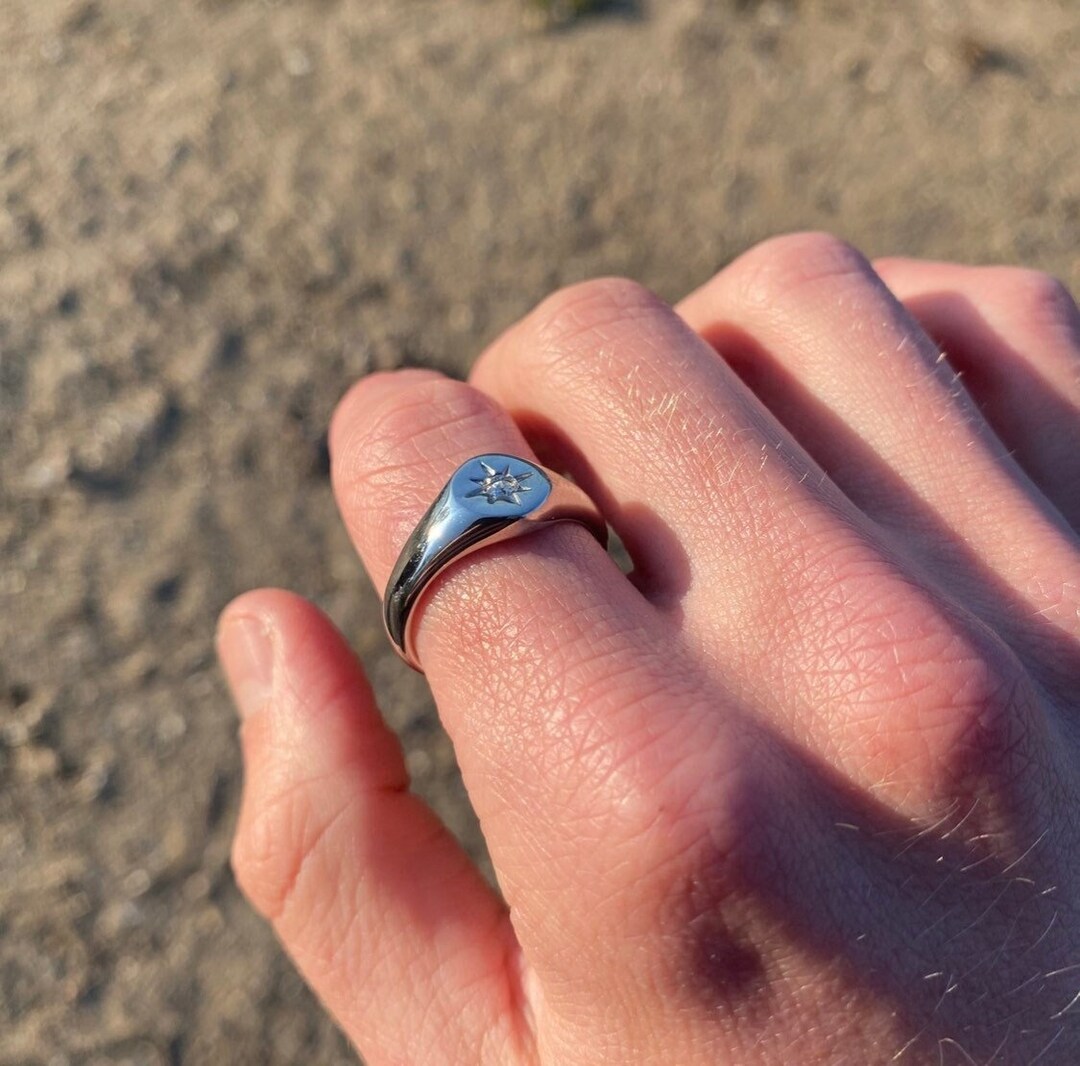 Mens Ring, Silver North Star Ring Men, Cubic Zirconia Silver