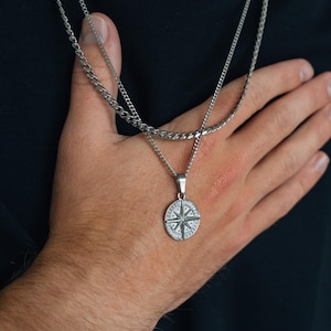 Simple Silver Pendant - Mens Silver Chain Compass Pendant Necklace For Men - Silver Necklace - Compass Necklace - Mens Jewelry Gifts UK