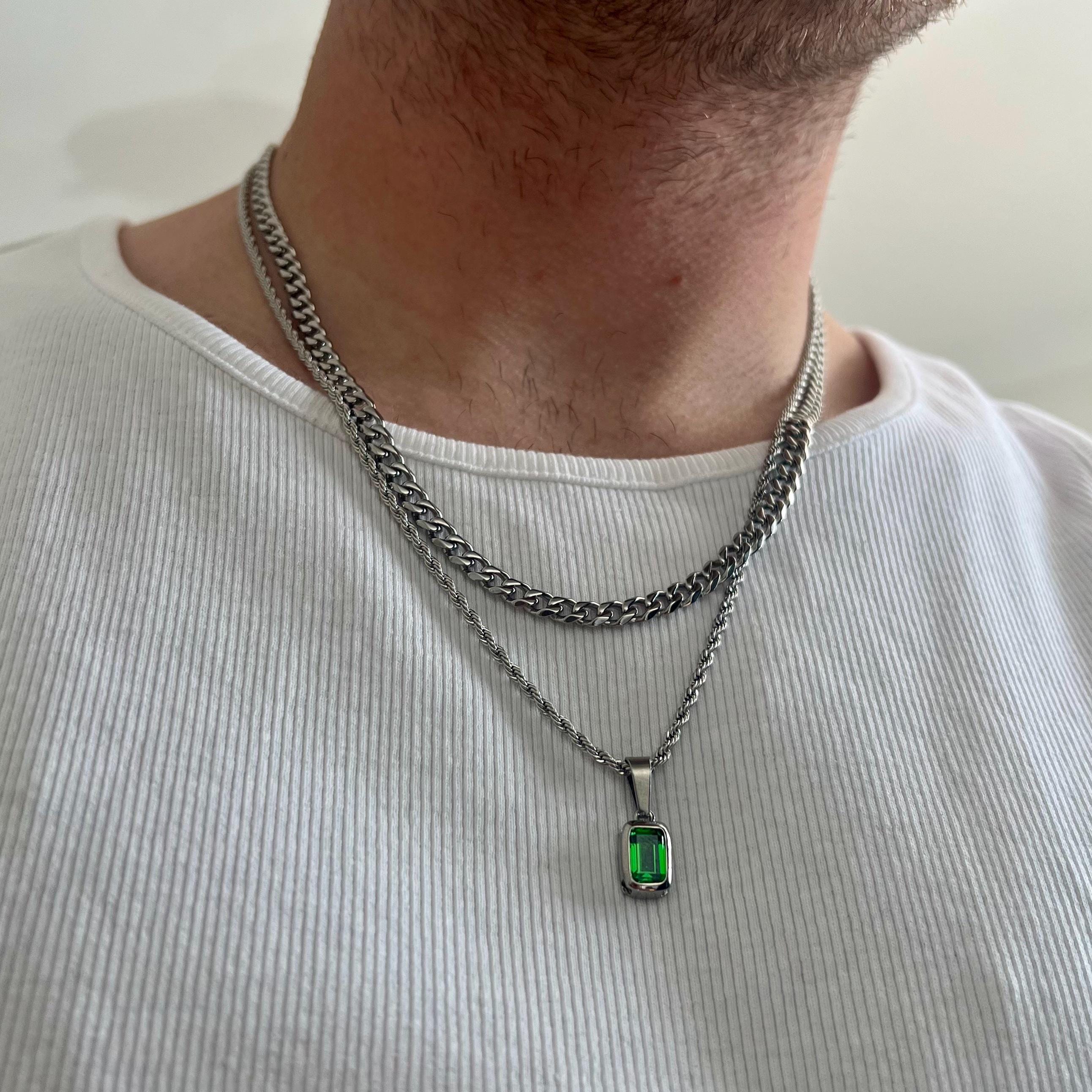 Mens Necklace - Gold Green Emerald CZ Necklace Set - Green Gem
