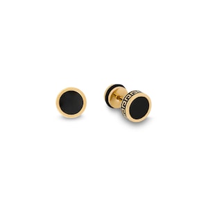 May include: A pair of gold-tone stud earrings with black enamel and a Greek key design.