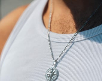 Mens Necklace - Mens Silver Necklace - Compass Pendant Chain - Compass Necklace For Men - Mens Jewelry - Simple Pendant Necklace Gifts UK