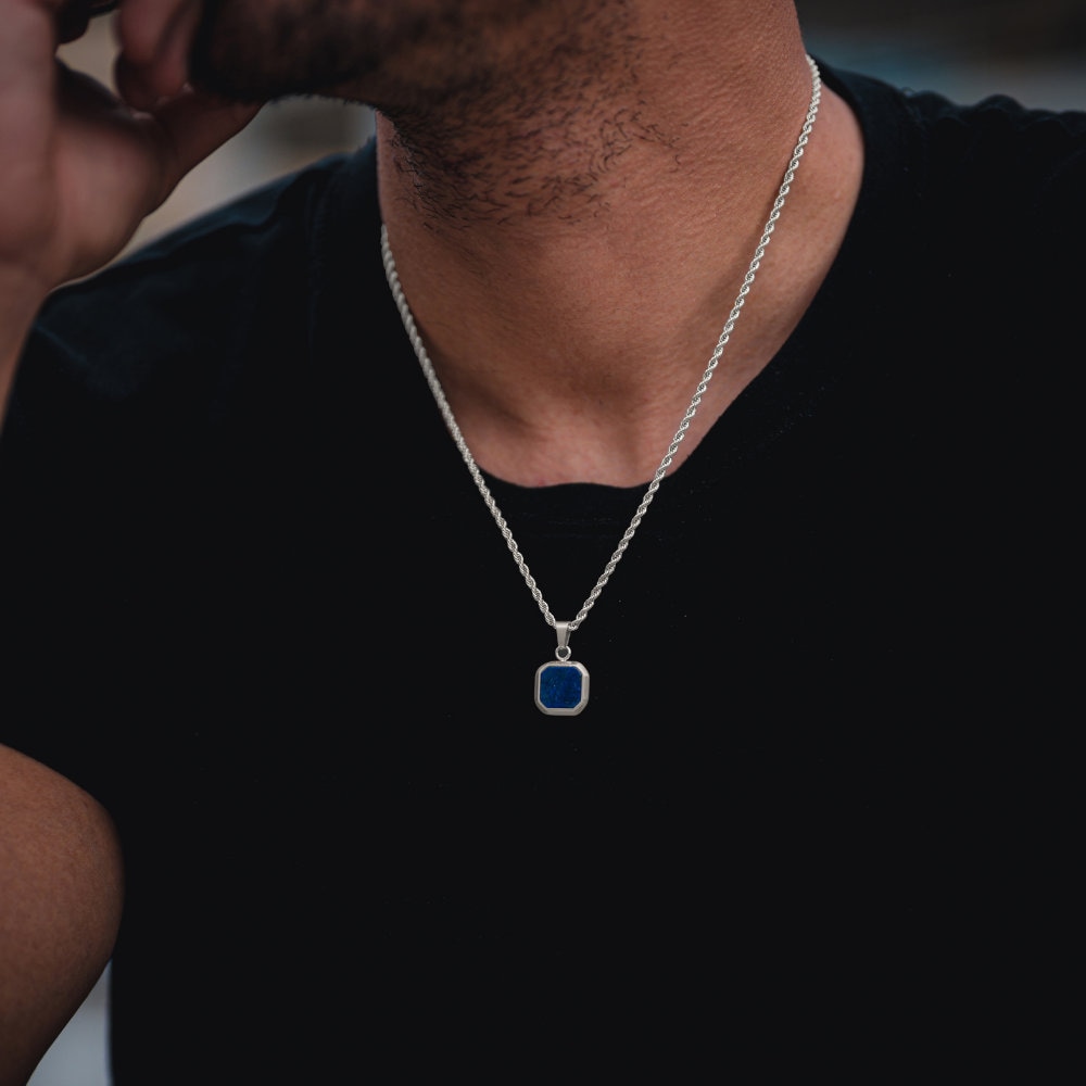 18K Gold Necklace Lapis Lazuli Stone Pendant, Mens Necklace Royal