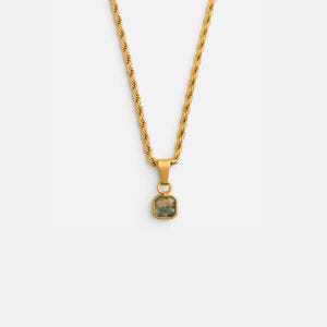 May include: Gold-toned necklace with a rope chain and a square pendant. The pendant features a light green stone with a mottled pattern. The necklace is displayed against a white background.