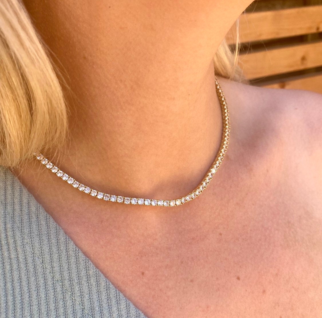 14K Gold Tennis Necklace 3mm Gold Chain Necklace 14K Gold Etsy UK