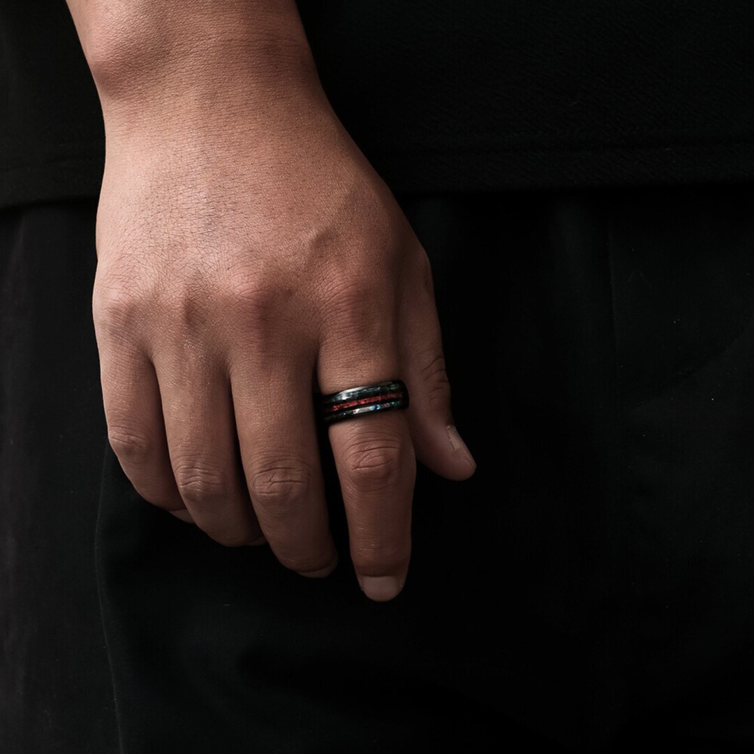 Black & Red Opal Fire Band Ring - Mens Ring - Black Rings for Men ...