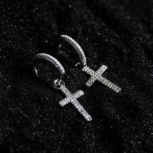 Mens Earrings - Silver Cross Earrings Men - Diamond Cross Earrings For Men - Silver Dangle Hoop Earrings - Dangle Cross Earring Mens Jewelry