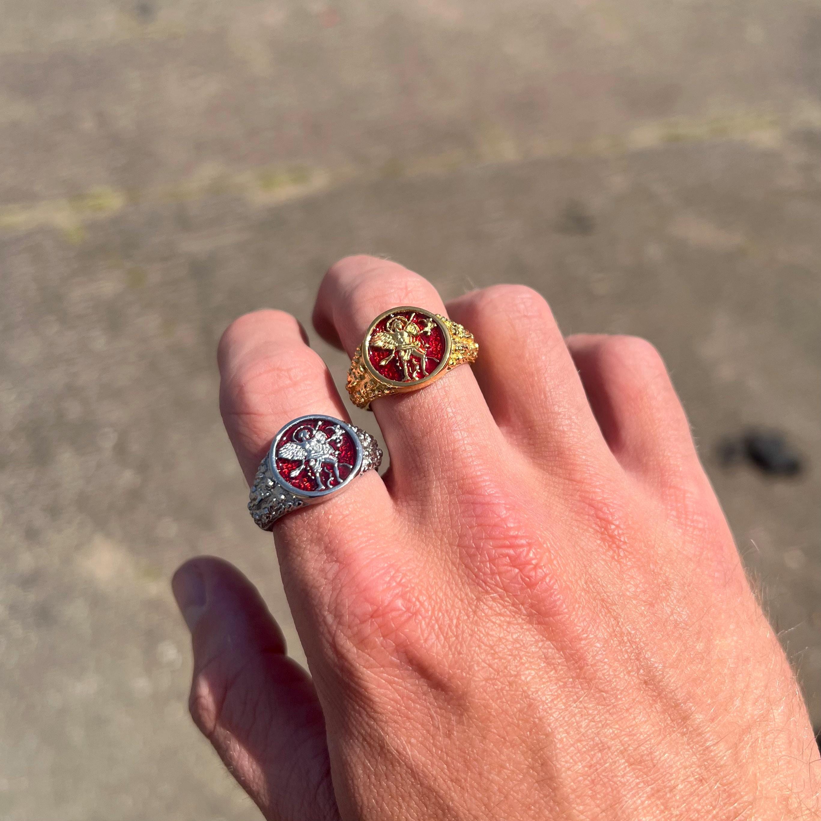 Mens Ring - 2 Piece Ring Set for Men - 18K Gold St Michael Signet Mens Ring - 2 Piece Ring Set for Men - 18K Gold St Michael Signet