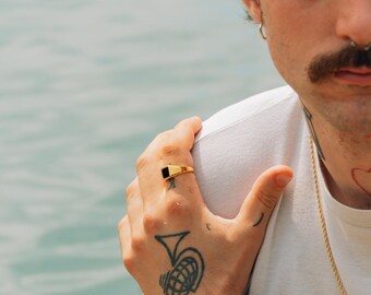 Mens Ring - 18K Gold Square Onyx Signet Ring for Men