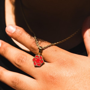 Könnte beinhalten: Goldfarbene Halskette mit rotem und goldenem Anhänger. Der Anhänger hat eine sechseckige Form mit roter Mitte und einem goldfarbenen Seildesign an den Rändern. Die Halskette ist ebenfalls goldfarben.